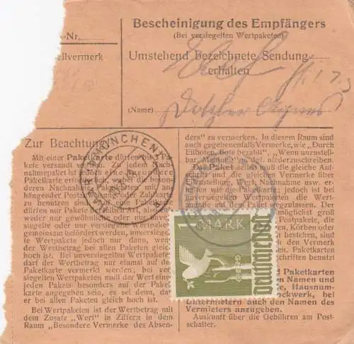 Paketkarte 1948: Schwandorf nach Haar b. München