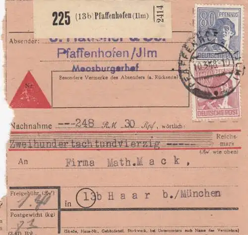 Carte de paquet 1948: Pfaffenhofen par cheveux, réduction 248,30 RM