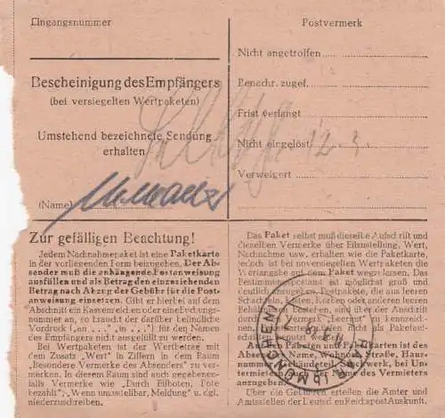 Paketkarte 1948: Pfaffenhofen nach Haar, Nachnahme 248,30 RM