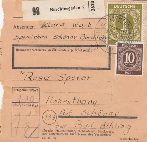 Paketkarte 18.12.1945: Berchtesgaden nach Hohenthann 20.12.46 !!! 