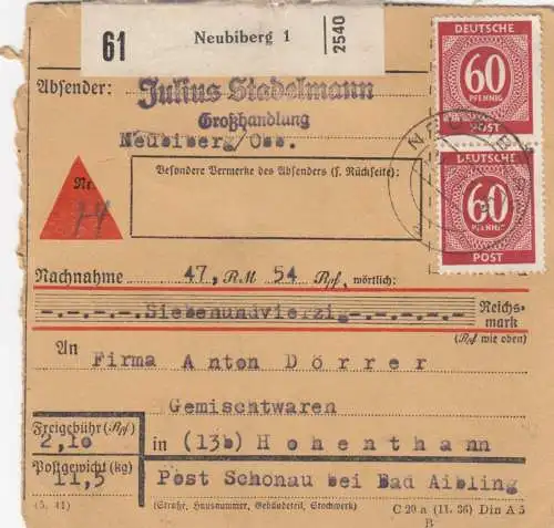 Paketkarte 1947: Neubiberg nach Hohenthann