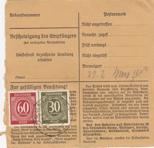 Carte de paquet 1947: Neubiberg vers Hohenthann