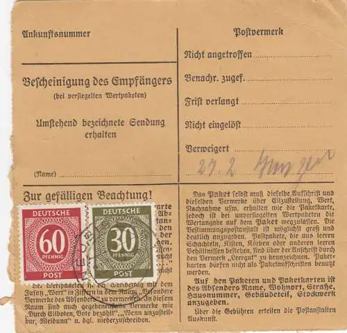 Paketkarte 1947: Neubiberg nach Hohenthann