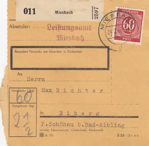 Paketkarte 1947: Miesbach nach Biberg