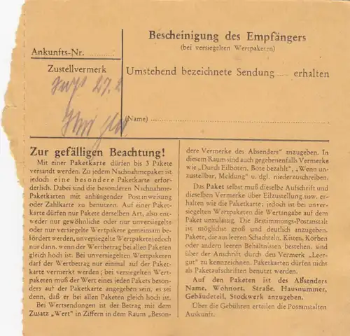 Carte de paquet 1947: Miesbach vers Biberg