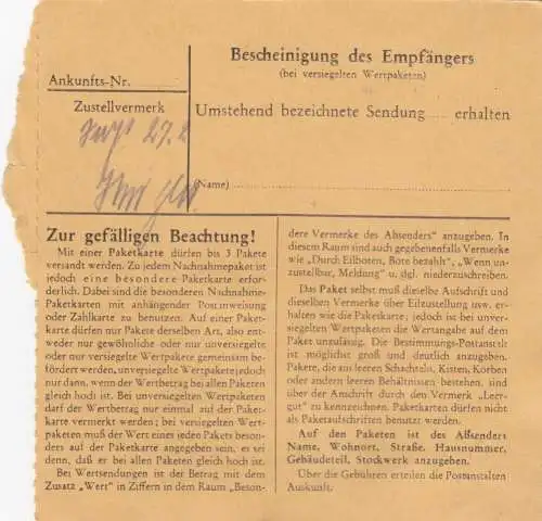 Paketkarte 1947: Miesbach nach Biberg