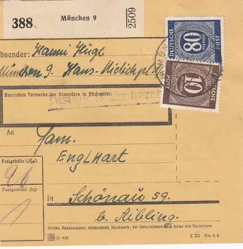 Paketkarte: München nach Schönau b. Aibling