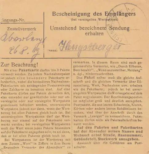 Paketkarte 1947: Buchloe nach Feilnbach b. Aibling