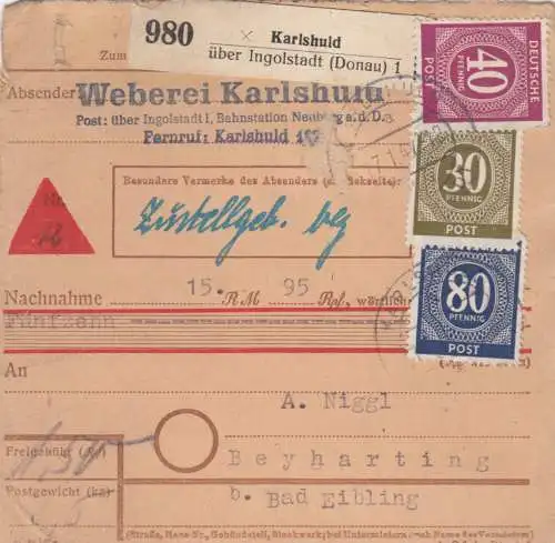 Paketkarte 1947: Karlshuld nach Beyharting, Selbstbucherkarte mit Wert