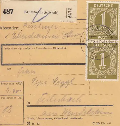 Paketkarte 1947: Krumbach nach Feilnbach