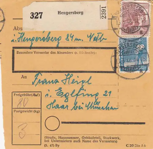 Paketkarte 1948: Hengersberg nach Haar bei München