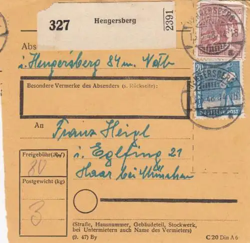 Paketkarte 1948: Hengersberg nach Haar bei München