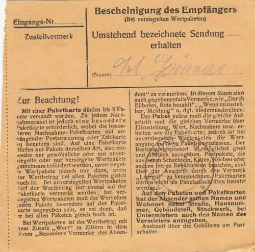 Carte de paquet 1948: Hengersberg vers Haar bei Munich