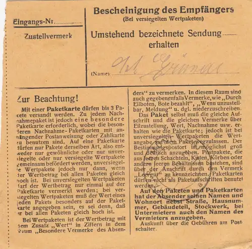 Paketkarte 1948: Hengersberg nach Haar bei München