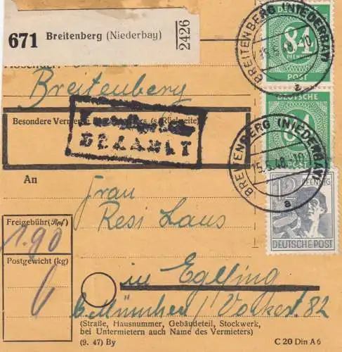 Carte de paquet 1948: Breitenberg vers Haar b. Munich