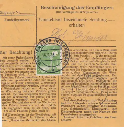 Carte de paquet 1948: Breitenberg vers Haar b. Munich