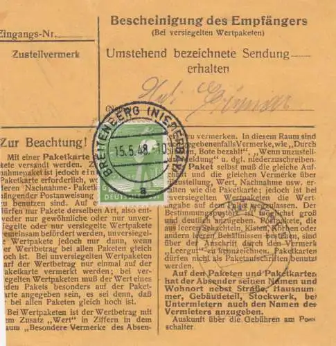 Paketkarte 1948: Breitenberg nach Haar b. München