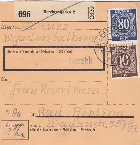 Paketkarte 1947: Berchtesgaden nach Bad-Aibling