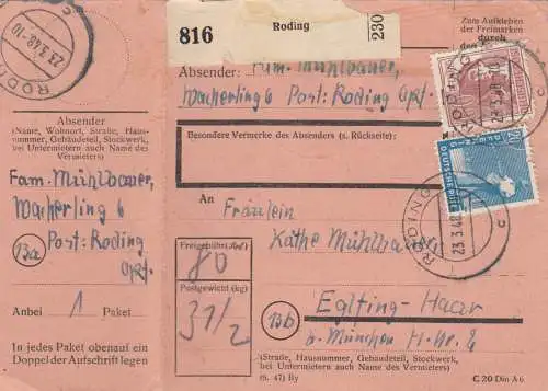 Paketkarte 1948: Roding nach Eglfing-Haar