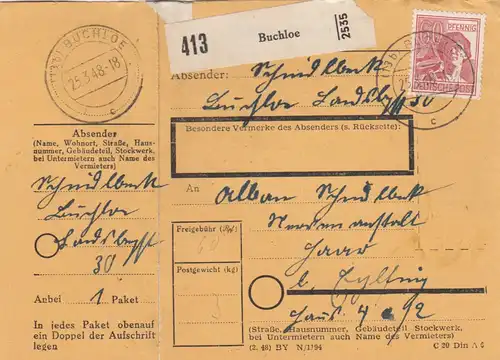 Paketkarte 1948: Buchloe nach Eglfing