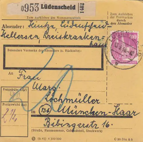 Carte de paquet BiZone 1948: Lüdenscheid vers Munich-Haar, frais supplémentaires