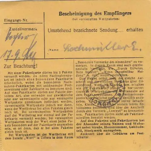 BiZone Paketkarte 1948: Lüdenscheid nach München-Haar, Nachgebühr