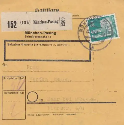 Carte de paquet BiZone 1948: Munich après Haar, carte auto-réservation avec valeur