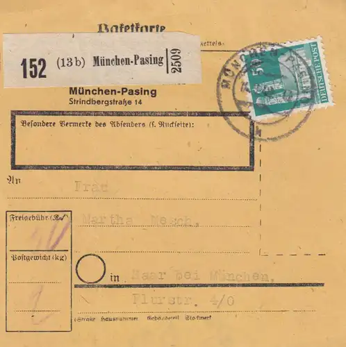 Carte de paquet BiZone 1948: Munich après Haar, carte auto-réservation avec valeur