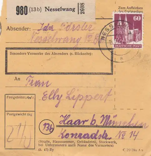 BiZone Paketkarte 1948: Nesselwang nach Haar bei München