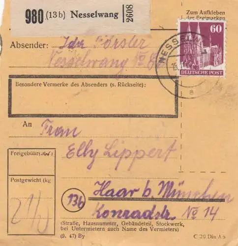 Carte de paquet BiZone 1948: Nesselwang après Haar près de Munich