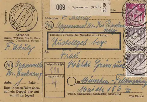 BiZone Paketkarte 1948: Oppenweiler nach München-Feldmoching