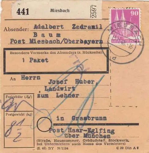 BiZone Paketkarte 1948: Miesbach nach Grasbrunn, Nachgebühr