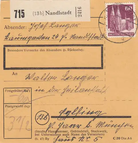 BiZone Paketkarte 1948: Nandlstadt nach Eglfing, Heilanstalt