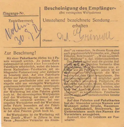 Carte de paquet BiZone 1948: Nandlstadt après Eglfing, Centre de cures