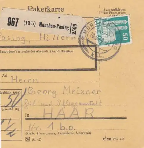 BiZone Paketkarte 1948: München-Pasing nach Haar, Heil- und Pflegeanstalt