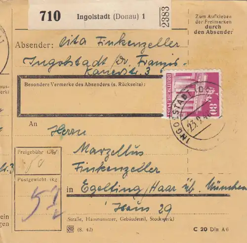 BiZone Paketkarte 1948: Ingolstadt nach Eglfing Haar b. München