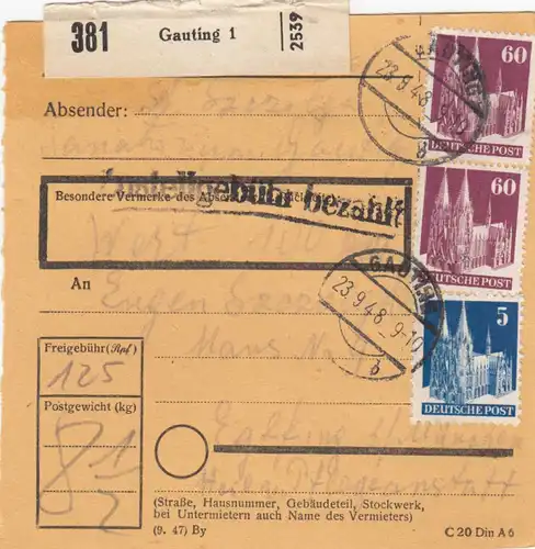 BiZone Paketkarte 1948: Gauting nach Eglfing