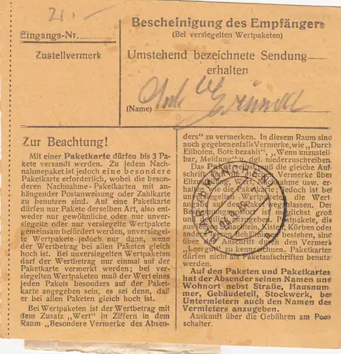 BiZone Paketkarte 1948: Gauting nach Eglfing