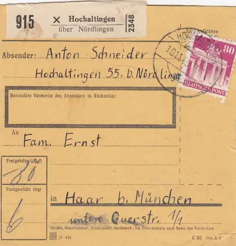 BiZone Paketkarte 1948: Hochaltingen nach Haar b. München