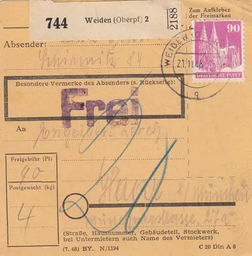 BiZone Paketkarte 1948: Weiden nach Haar b. München