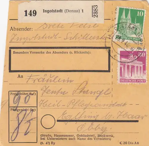 Carte de paquet BiZone 1948: Ingolstadt après Eglfing b. Haar