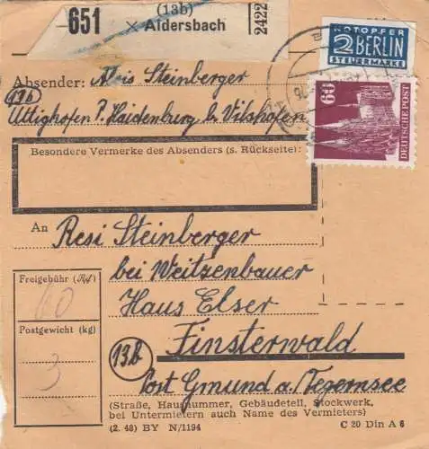 BiZone Paketkarte 1948: Aldersbach nach Finsterwald