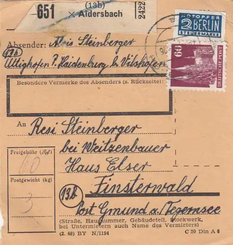 Carte de paquet BiZone 1948: Aldersbach vers Finsterwald