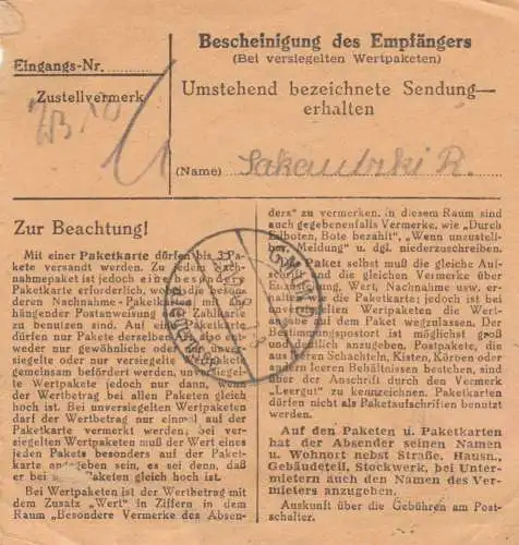 BiZone Paketkarte 1948: Aldersbach nach Finsterwald