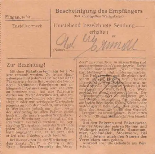 BiZone Paketkarte 1948: Garmisch-Patenkirchen nach Eglfing-Haar