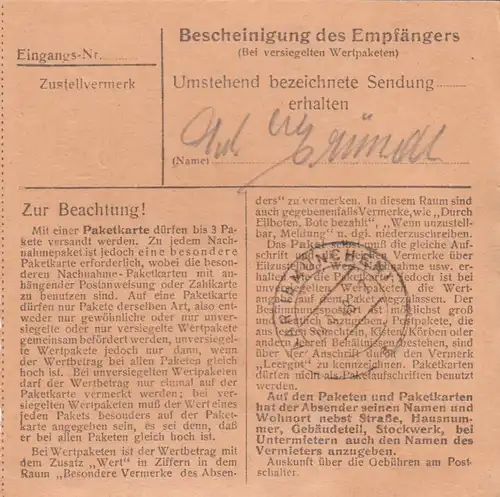 Carte de paquet BiZone 1948: Garmisch-Patenkirchen vers Eglfing-Haar