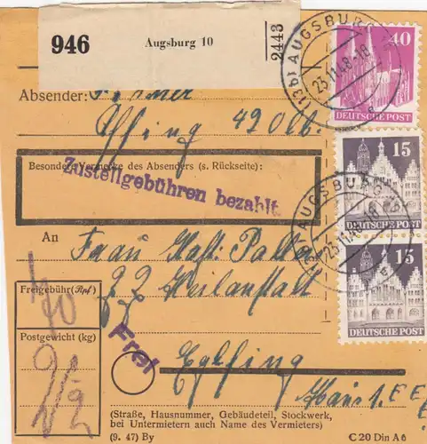 Carte de paquet BiZone 1948: Augsbourg vers Eglfing