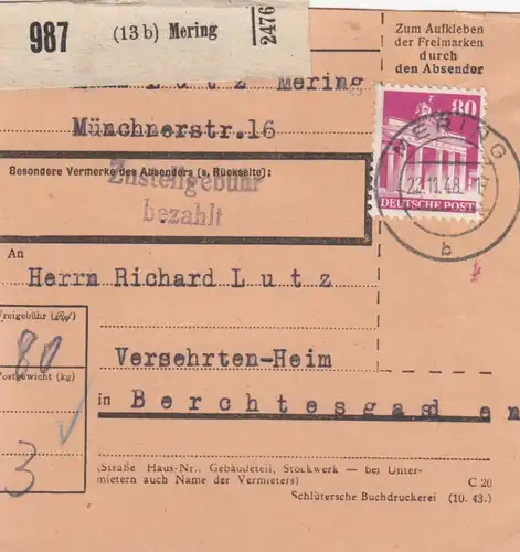 BiZone Paketkarte 1948: Mering nach Berchtesgaden, Versehrten-Heim