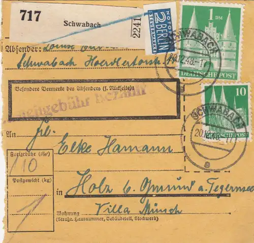 BiZone Paketkarte 1948: Schwabach nach Holz bei Gmund am Tegernsee