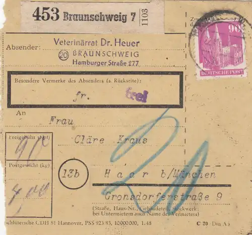 BiZone Paketkarte 1948 Braunschweig nach Haar, Selbstbucher mit Wert, Nachgebühr